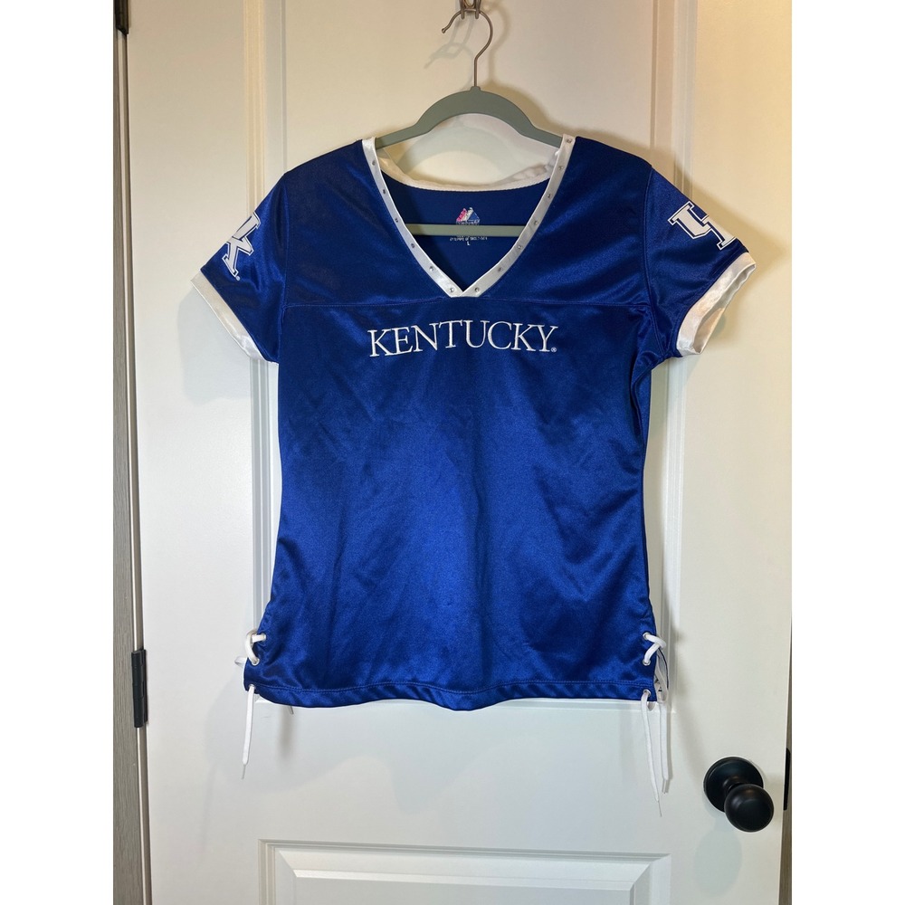 Majestic Kentucky Wildcats Women Blue Jersey Lace Up Side Rhinestone V-Neck L
